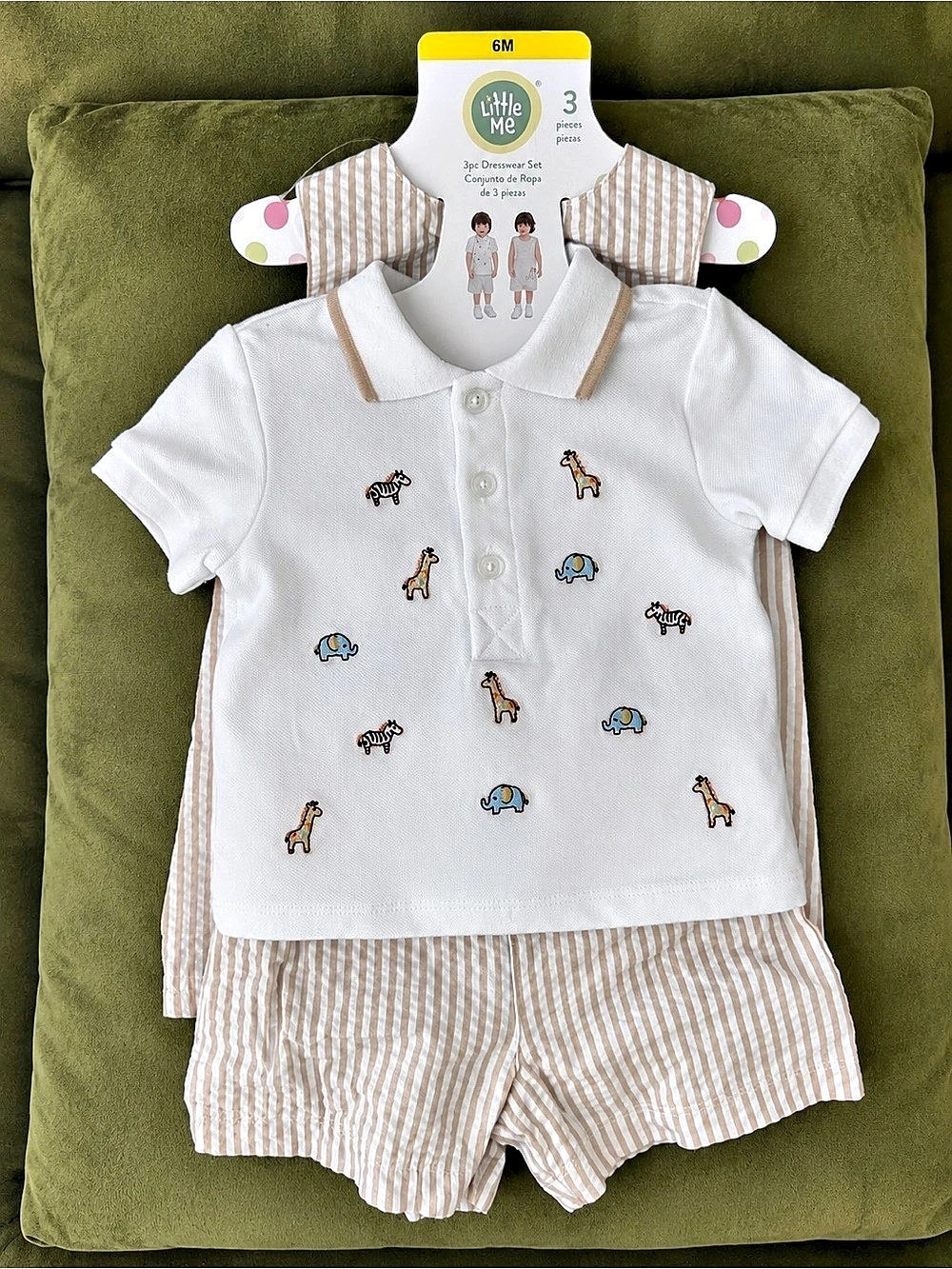 Little Me Baby Boy 3-Piece Safari Romper Set 6M Beige Seersucker Striped